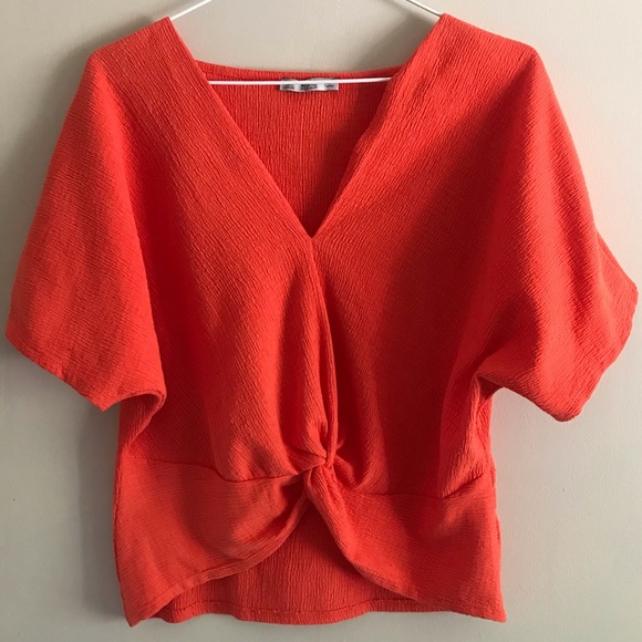 Zara- Orange Flowy Blouse With Front Knot Detail - Picture 1 of 6